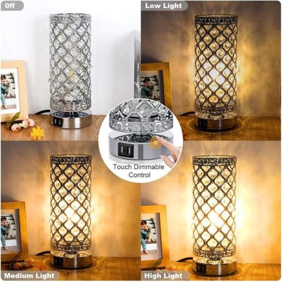 Crystal Touch Control Table Lamp with Dual USB Charging Ports, 3-Way Dimmable - Picture 2 of 6